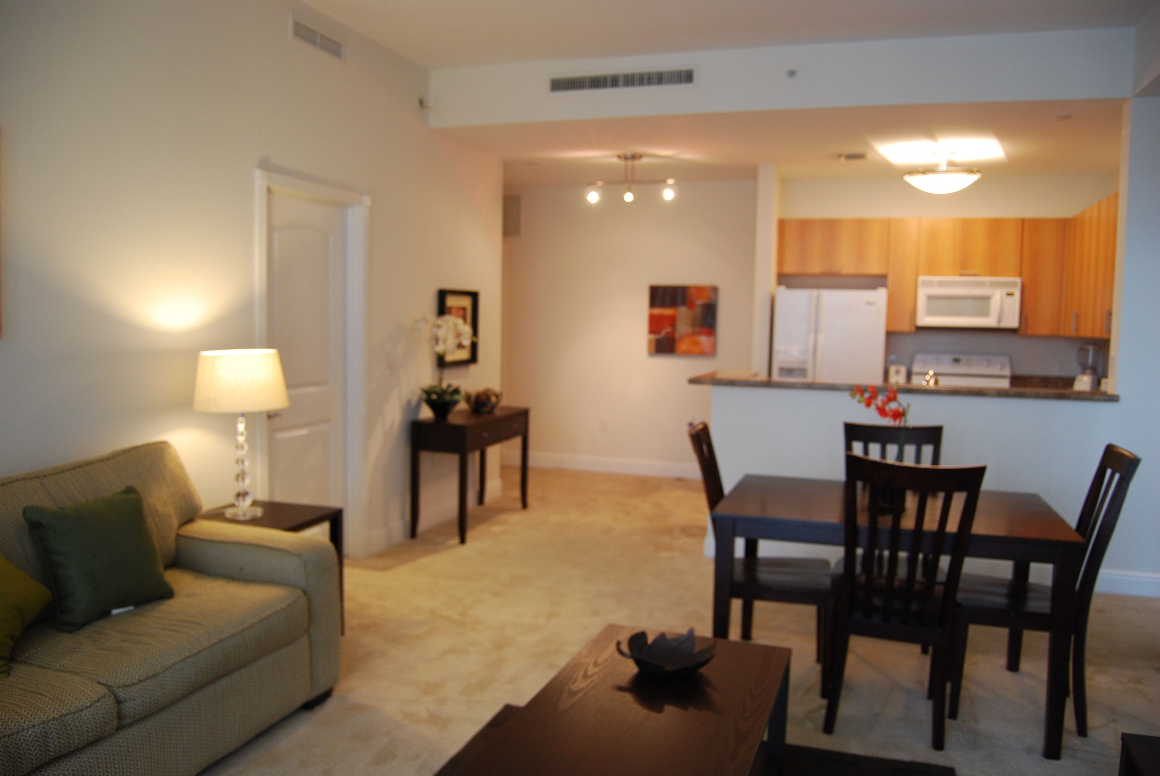 A living room with a sofa, a coffee table, a dining table with chairs, a kitchen area with a microwave, and a framed picture on the wall.
