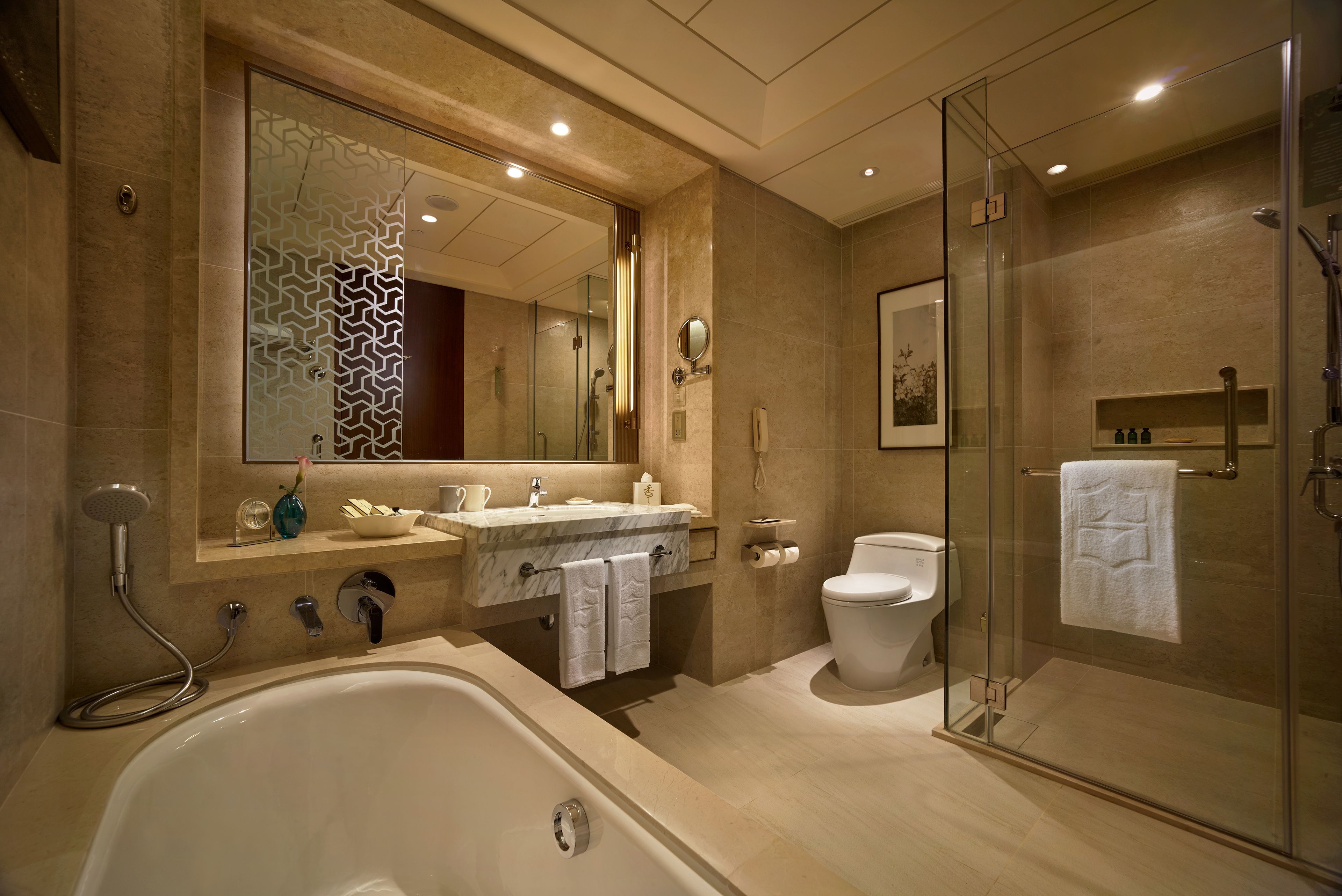 separate bathtub and shower, jetted bath, rainfall showerhead