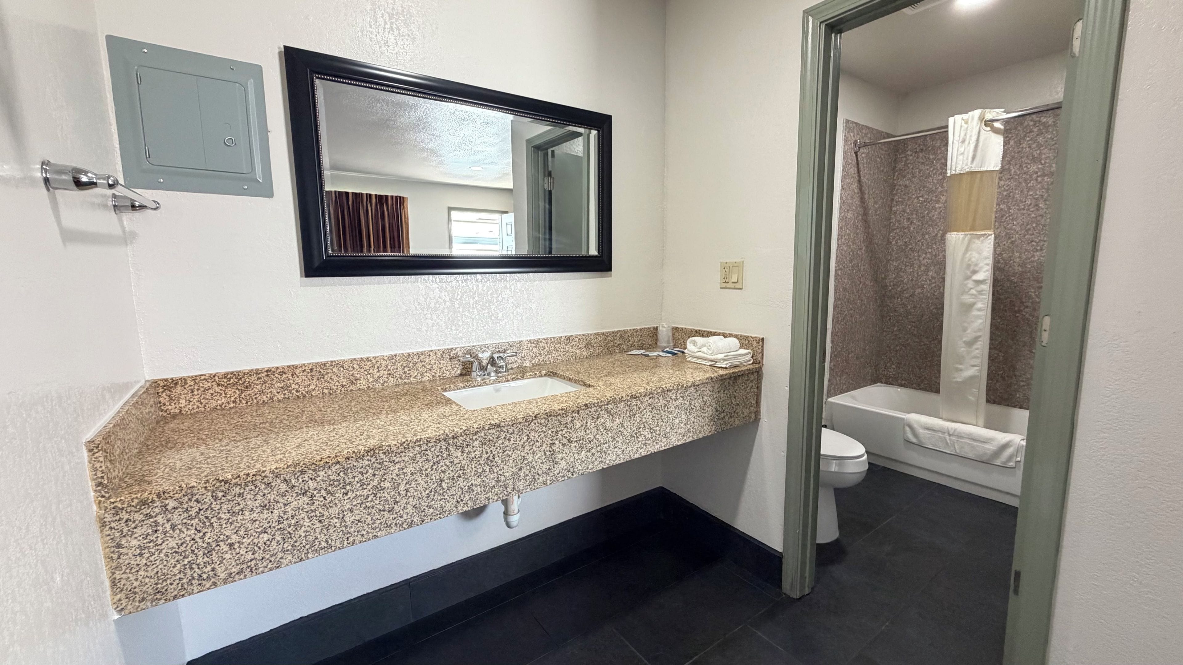 A bathroom with a granite countertop sink, a mirror, a toilet, and a shower area.