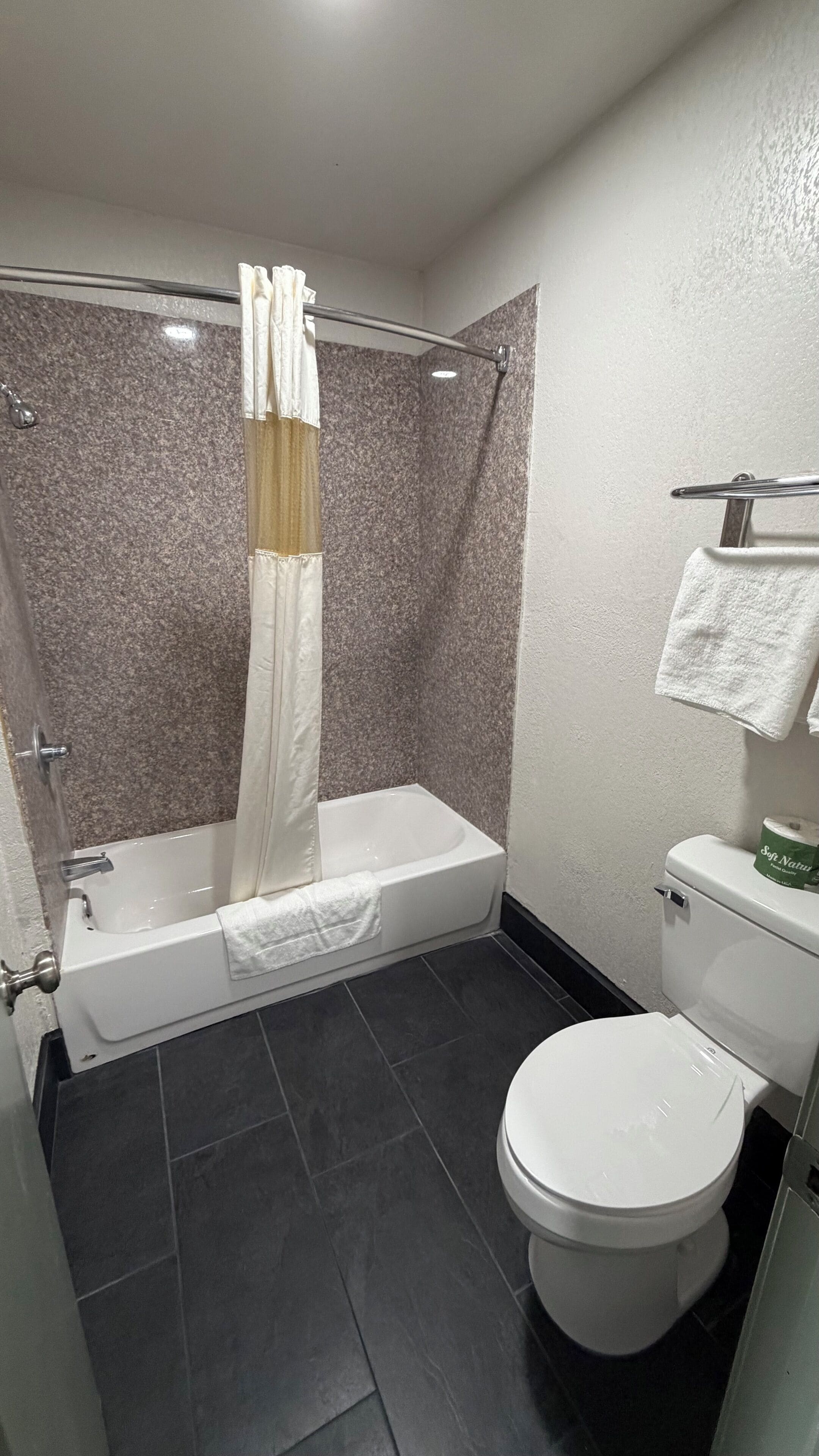 A bathroom with a bathtub, toilet, and shower area.