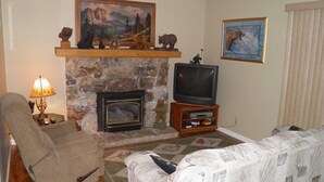 Una sala de estar con chimenea de piedra, un televisor sobre un pedestal de madera, un sofá y un sillón.