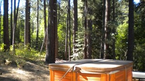Un jacuzzi en un área boscosa con escalones de madera que llevan a él.