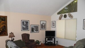 Una sala de estar con un sofá verde, un sillón estampado, un televisor sobre un mueble bajo y cuadros enmarcados en la pared.