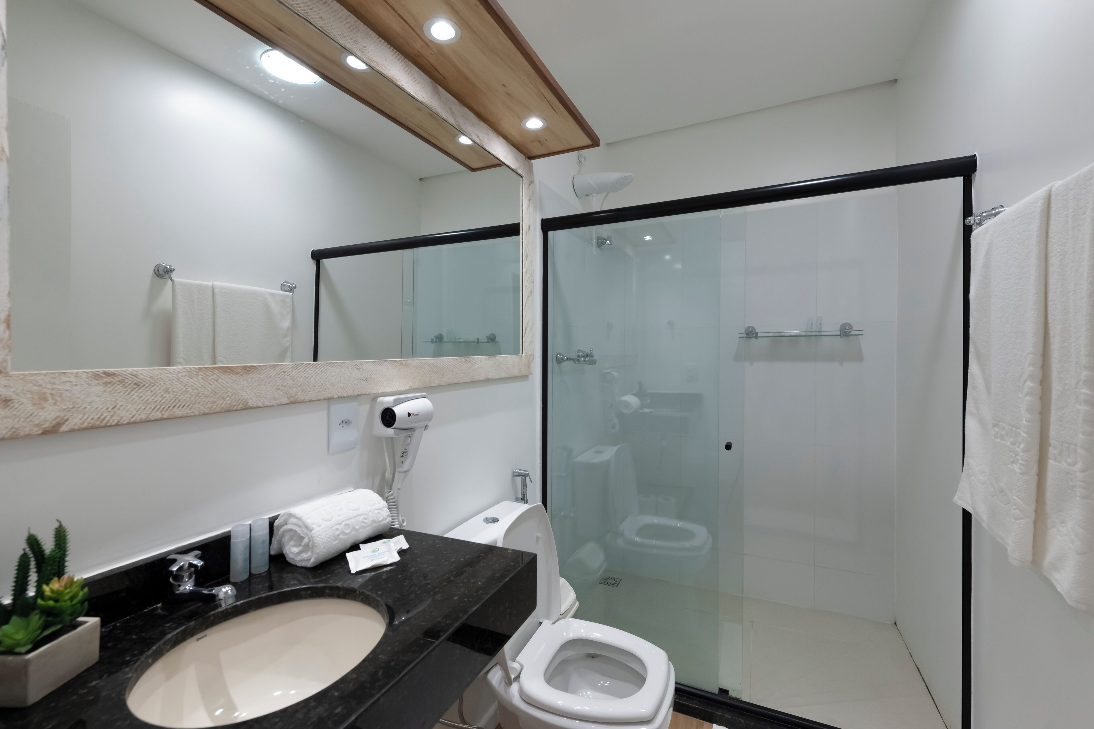 Une salle de bain moderne avec un lavabo sur un plan de toilette noir, une douche en verre et des toilettes blanches.
