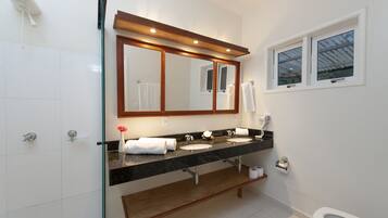 A bathroom with a glass shower enclosure, a double sink vanity, a large mirror, and a toilet.
