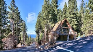 A cabin with a sloped roof, surrounded by tall pine trees, on a clear day.
