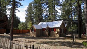 A rustic cabin with a metal roof, surrounded by tall pine trees. - 780 Merced Ave. (South Lake Tahoe)
