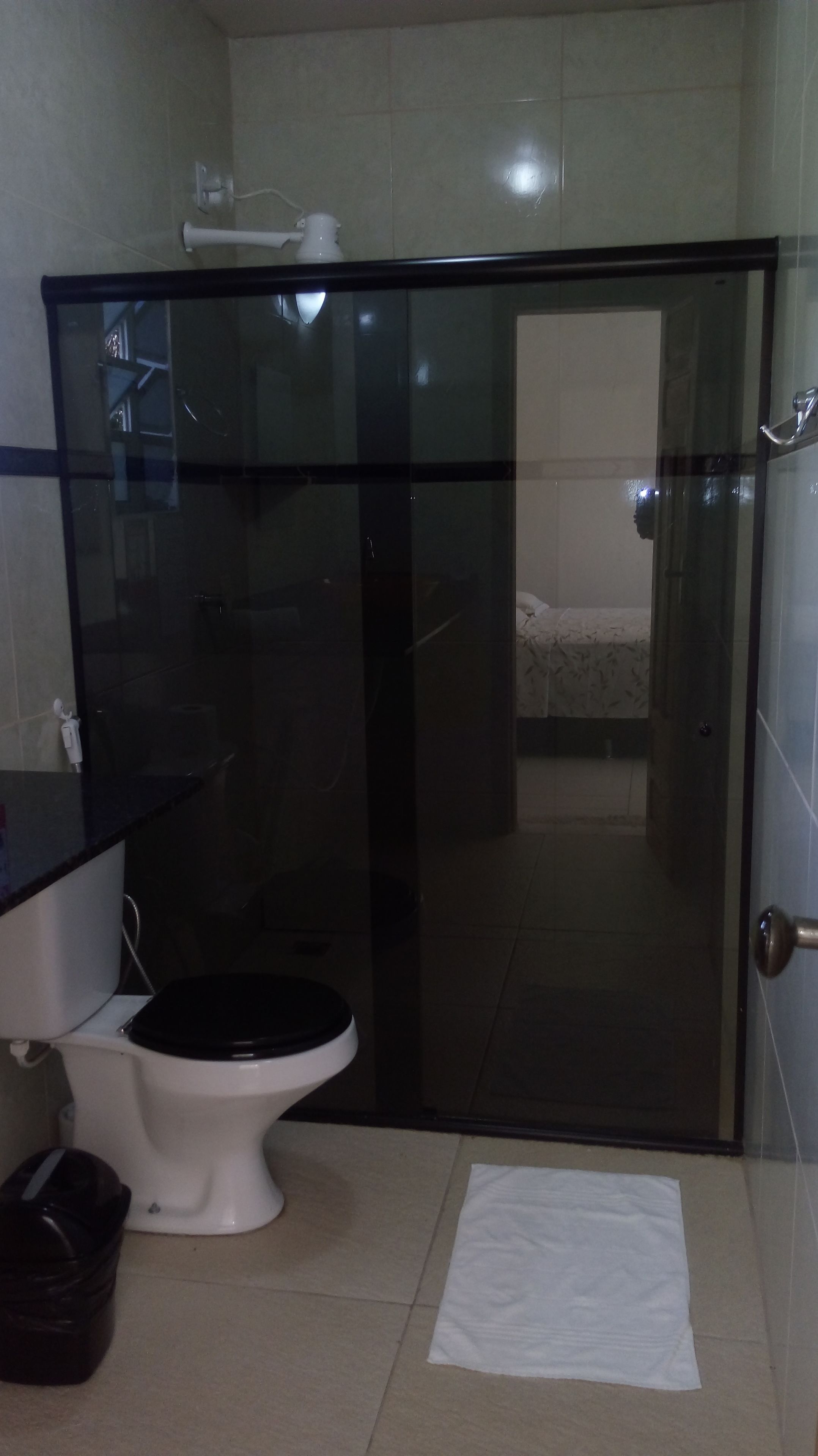 A bathroom with a toilet, a glass shower enclosure, and a white towel on the floor.