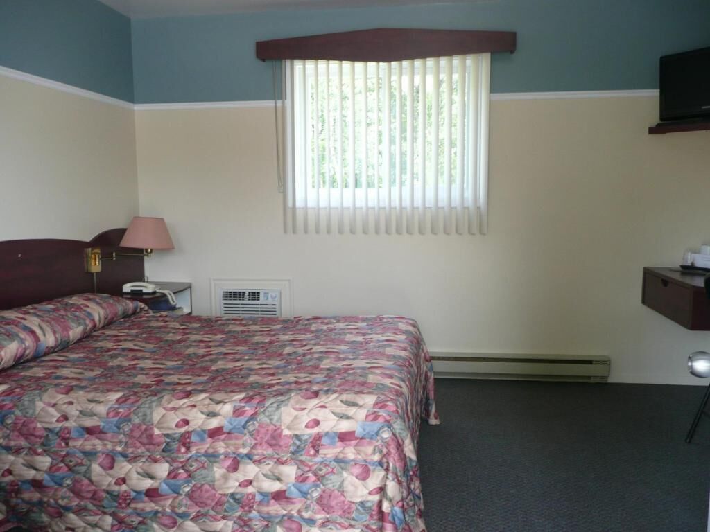 Une chambre à coucher avec un lit, une fenêtre avec des stores, un radiateur, une lampe et un téléviseur posé sur une étagère.