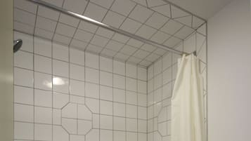 A bathroom with a bathtub, toilet, and shower curtain.