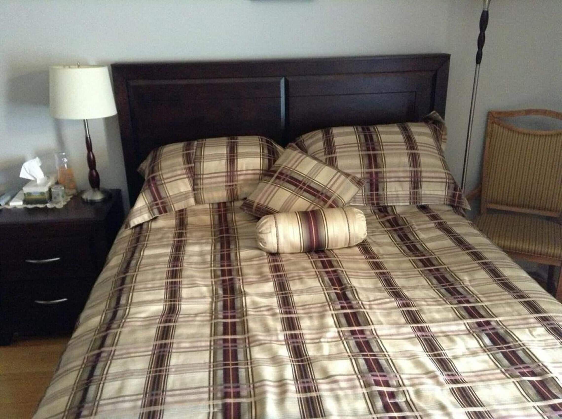 Una cama con colcha escocesa y dos almohadas, una mesita de noche con lámpara y caja de pañuelos, y una silla en la esquina.