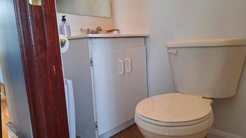 A bathroom with a toilet, a sink, and a cabinet.