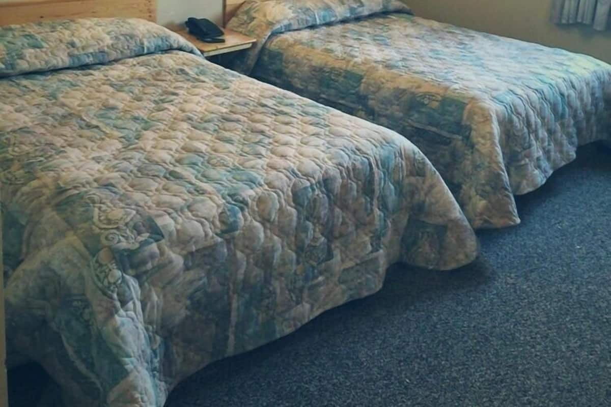 Une chambre avec deux lits simples, une table de chevet, une lampe fixée au mur et un tableau encadré accroché au mur.