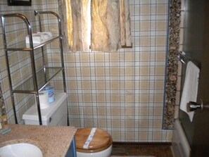 A bathroom with a tiled wall, a wooden toilet, a metal shelf with toiletries, and a shower area.