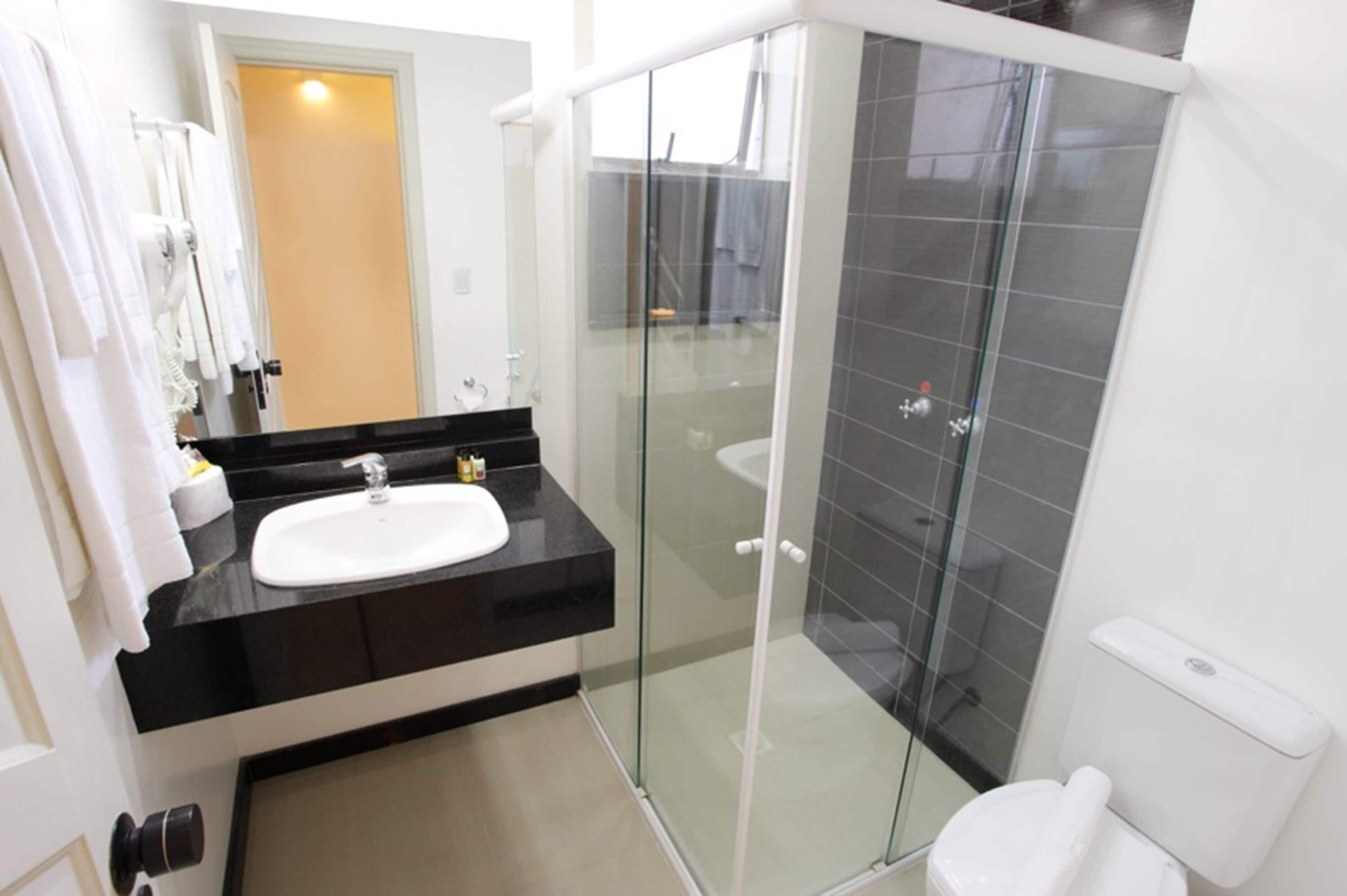 family room | bathroom | shower, hair dryer, towels