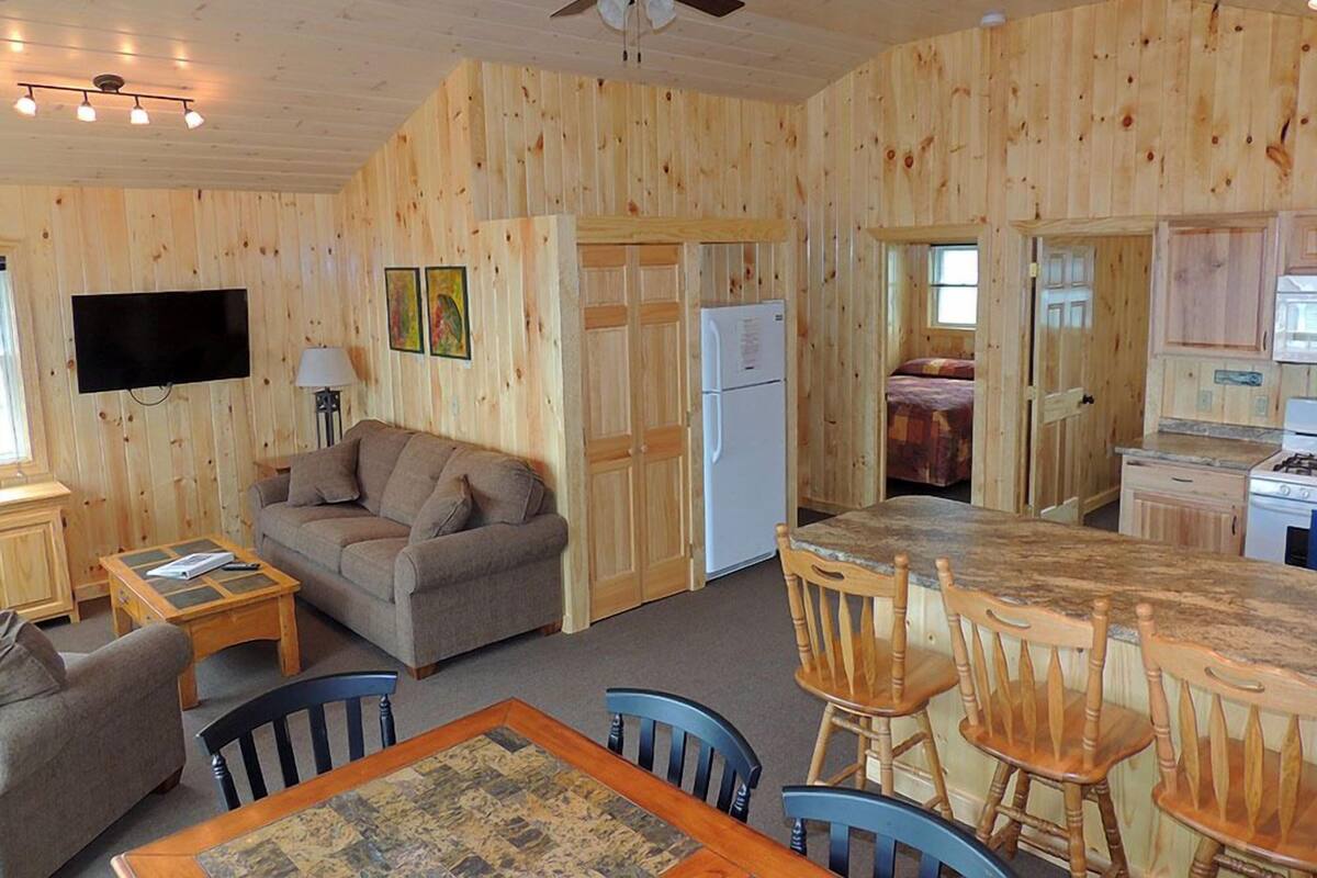 Una cabaña con sala de estar, kitchenette y un dormitorio.