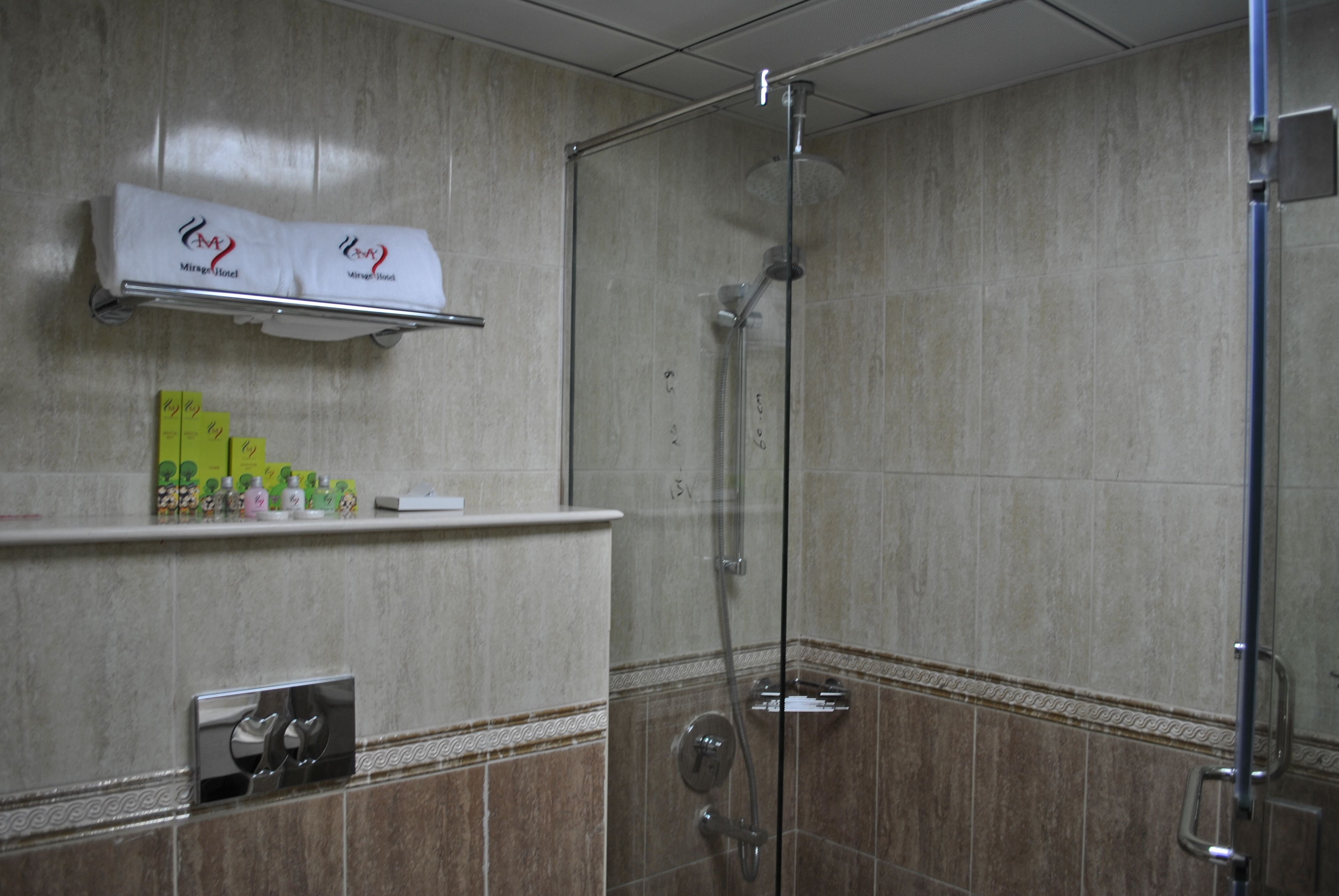 Un baño con ducha acristalada, un perchero con toallas y un estante con artículos de aseo.