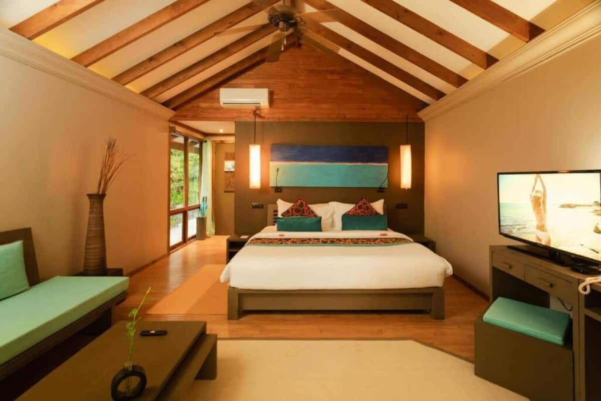 A bedroom with a bed, a television, a sofa, and a desk.