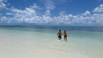 Privat strand, hvit sand, buss til stranden (inkludert) og solsenger