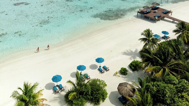 Vista aérea de un complejo turístico en la playa con un muelle, sillas de descanso y palmeras.