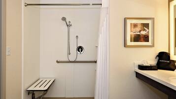 A bathroom with a shower, a toilet, a sink, and a framed picture on the wall.