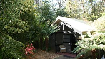 A rustic cabin surrounded by dense foliage, with a small porch and a single chair.