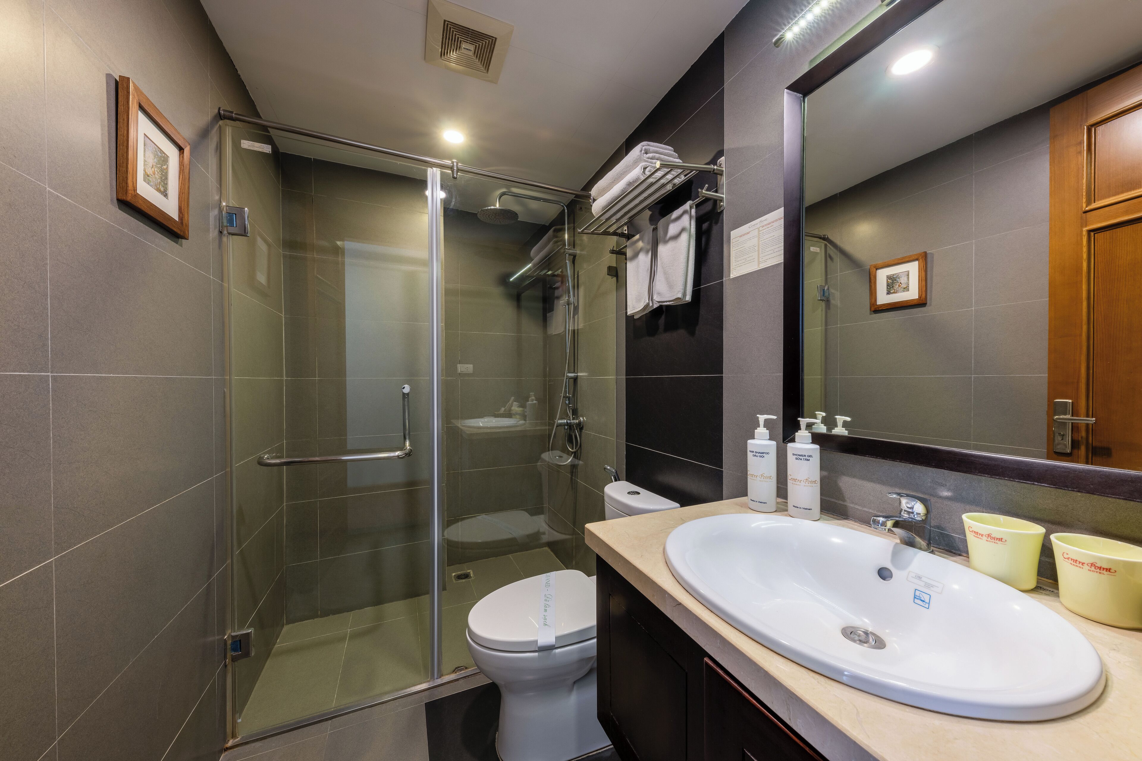deluxe double or twin room | bathroom | shower, rainfall showerhead, designer toiletries, hair dryer