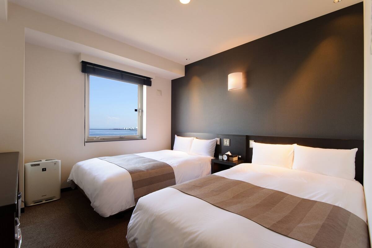 down duvets, desk, laptop workspace, blackout curtains