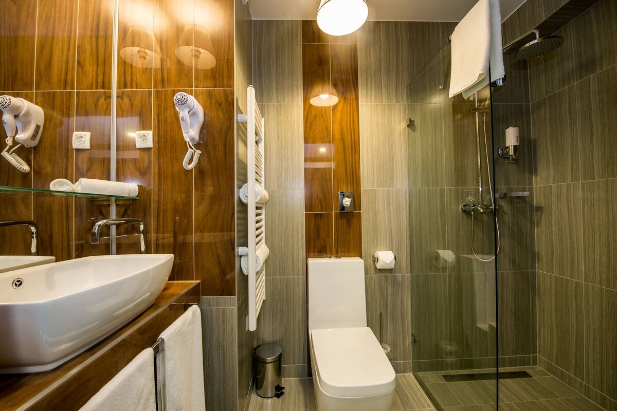 shower, slippers, towels