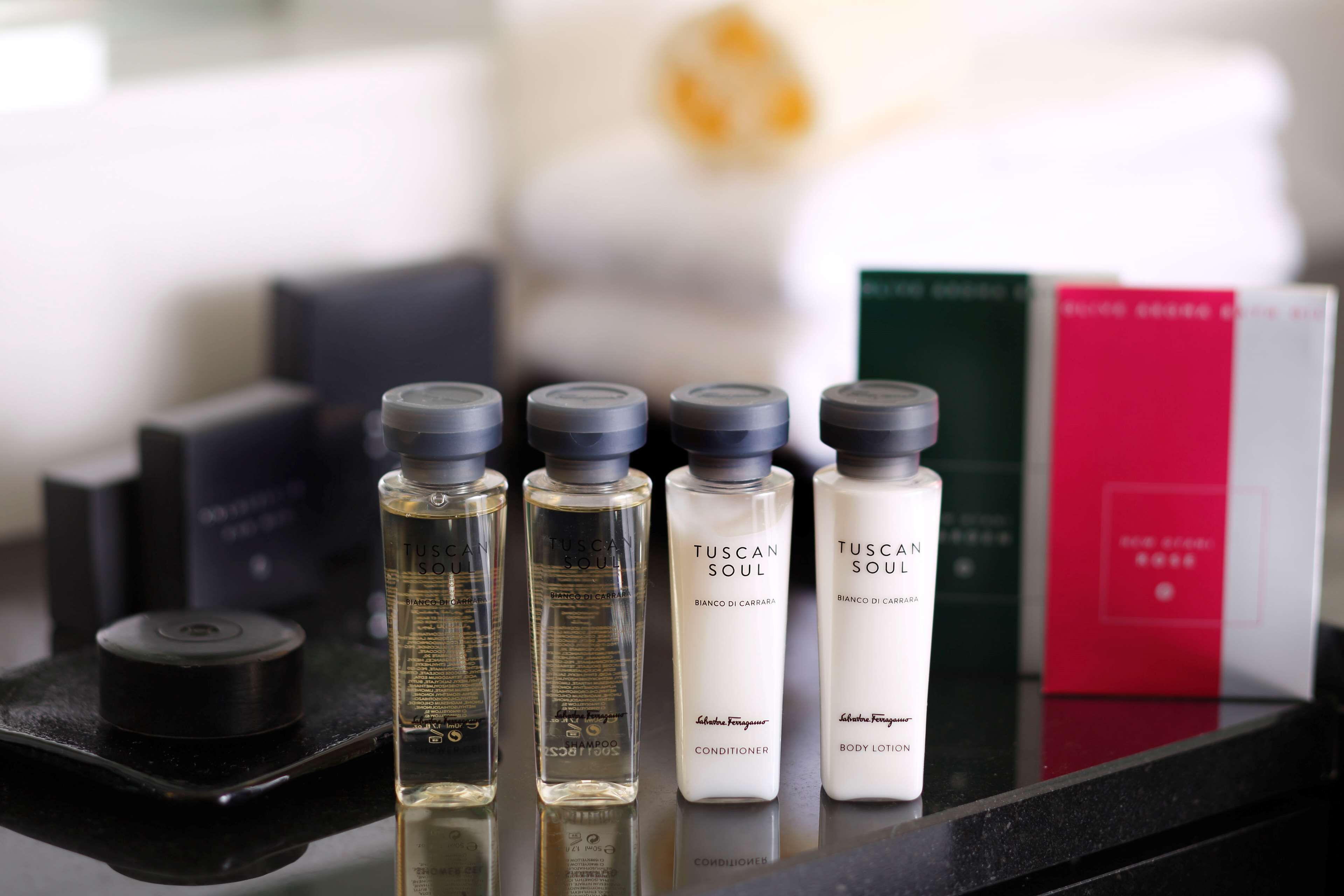 combined shower/bathtub, deep-soaking bathtub, designer toiletries