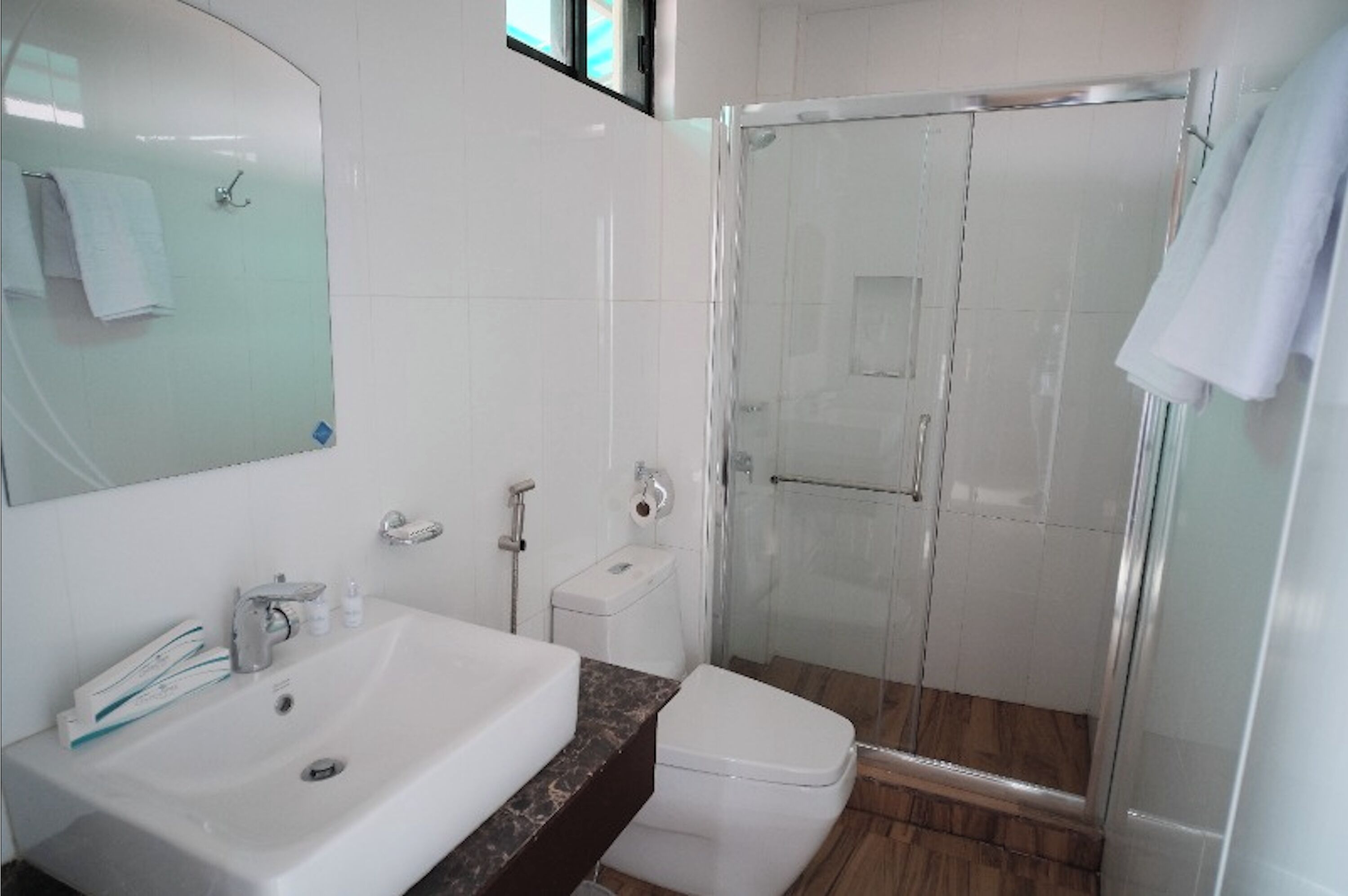 Een badkamer met een wit wastafel, een douchecabine van glas en een toilet.