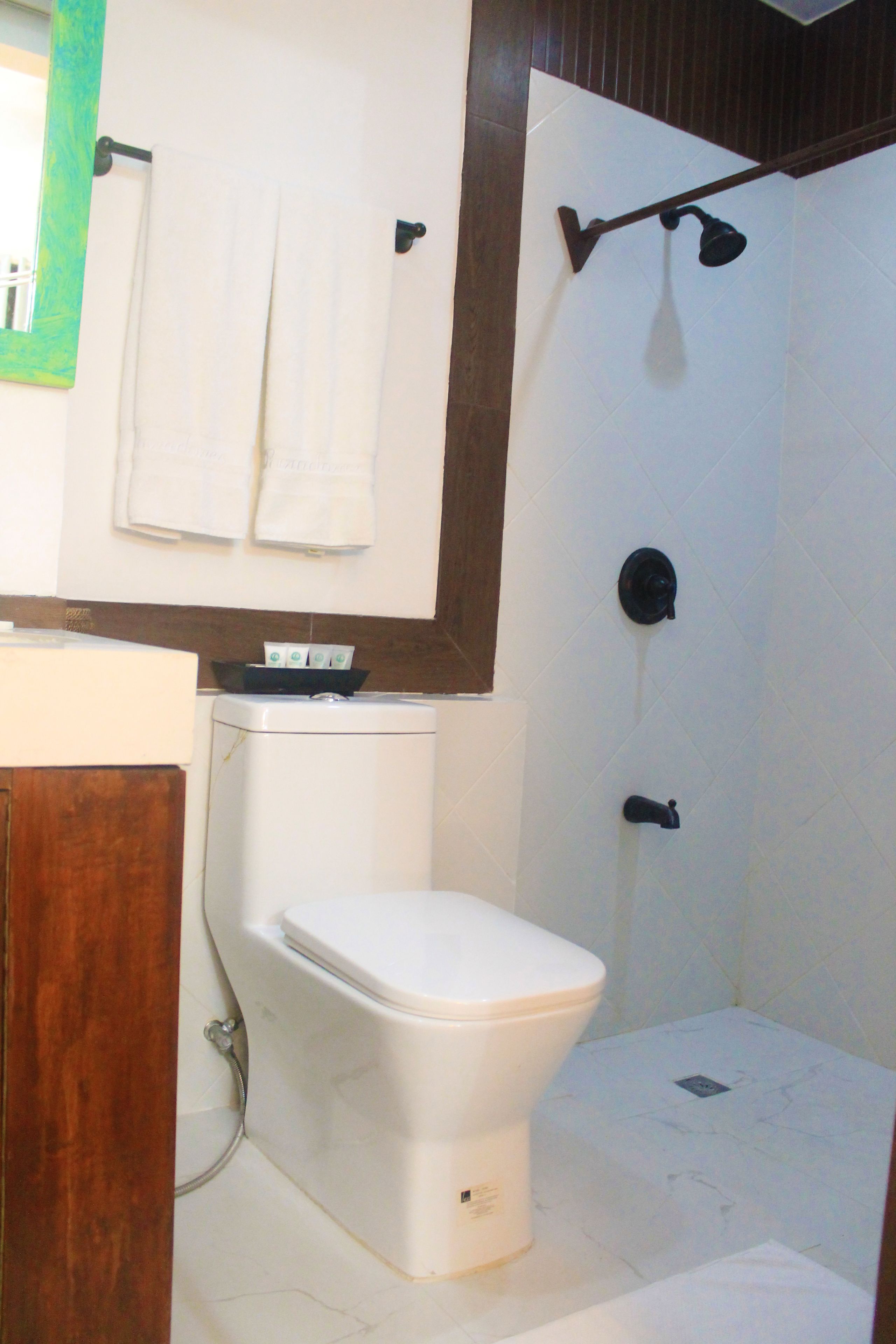 A bathroom with a white toilet, a shower with a handheld showerhead, and a towel rack with two towels.