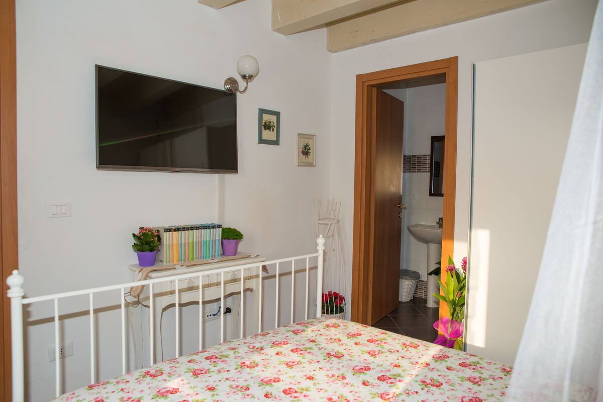 A bedroom with a bed, a TV, a bedside table with books and a plant, and a bathroom visible through an open door.