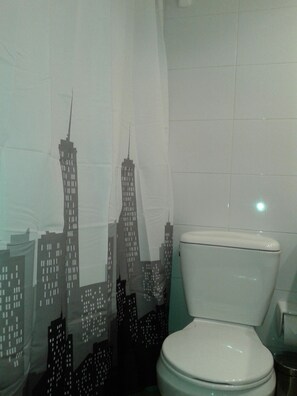 Combined shower/tub, free toiletries, hair dryer, towels