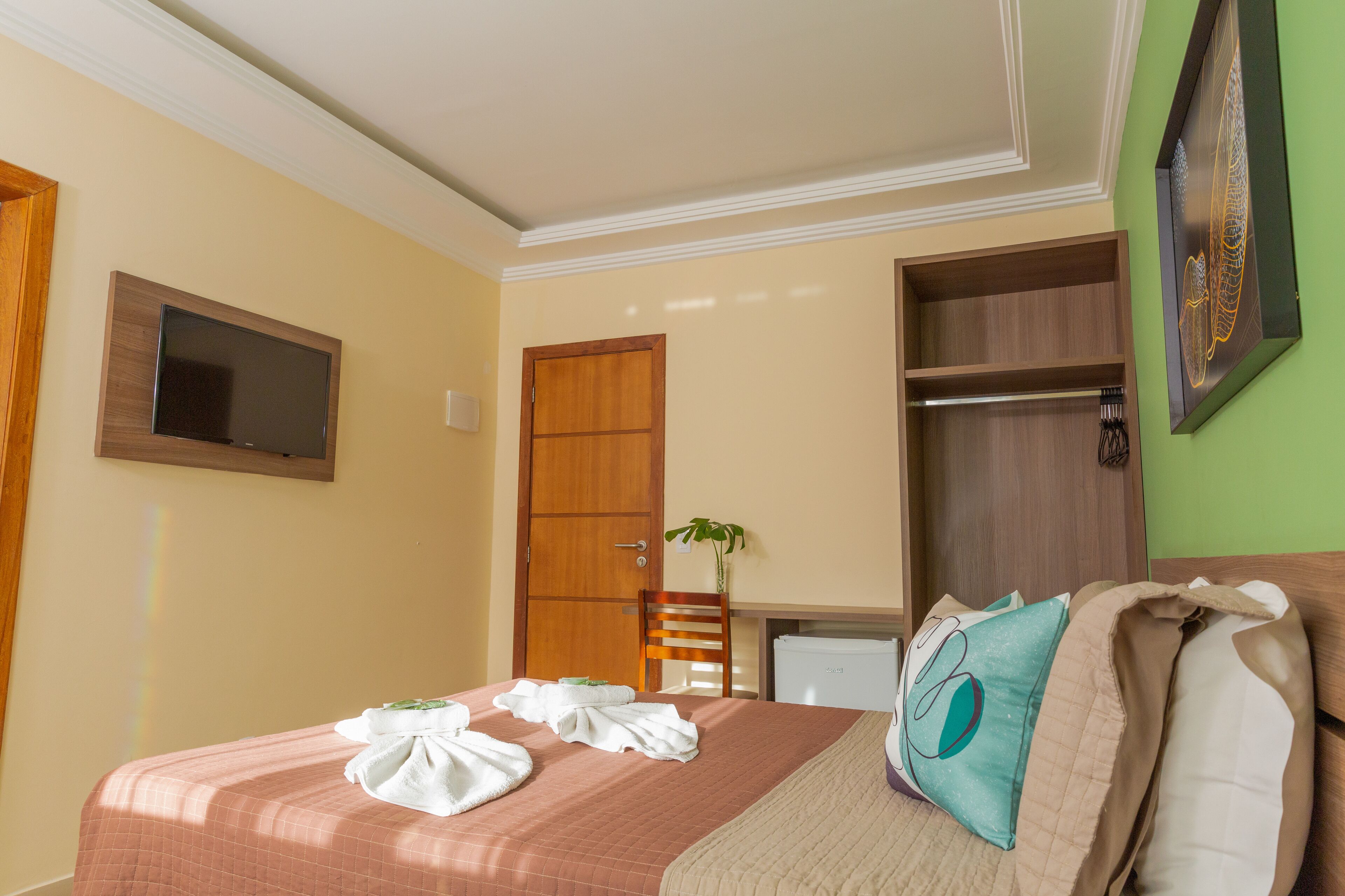 Una habitación de hotel con una cama, televisión, puerta y una planta.