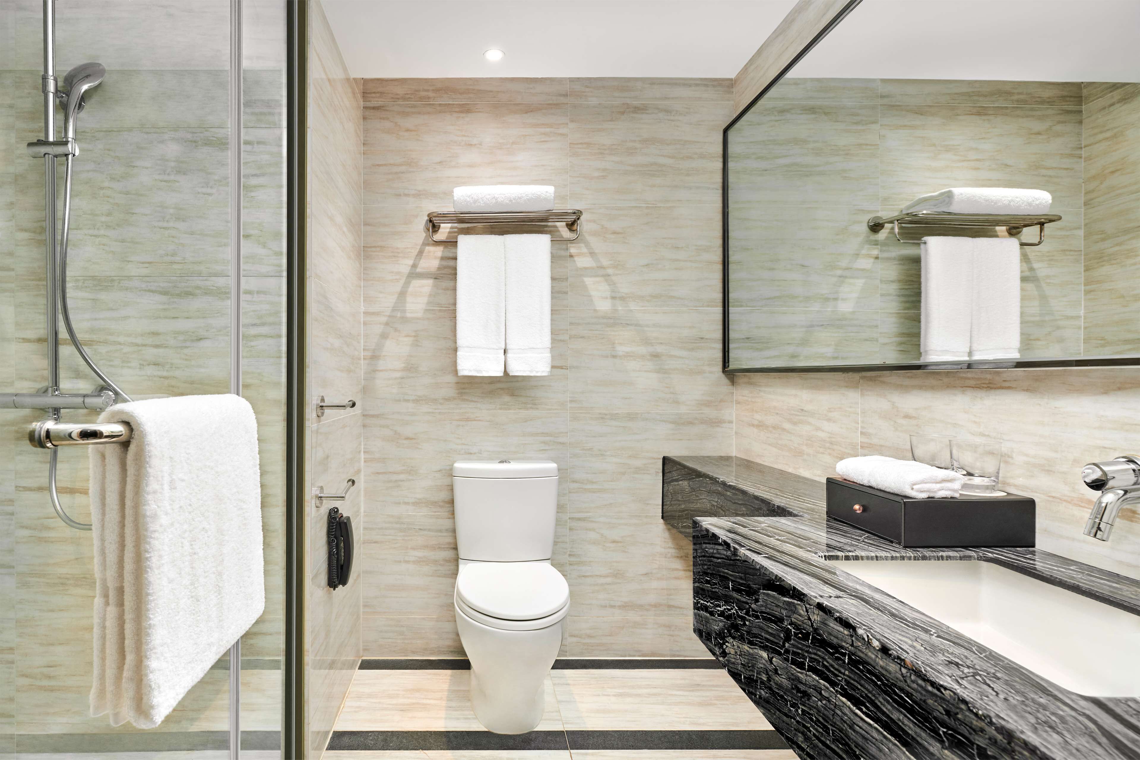 A modern bathroom with a glass-enclosed shower, a toilet, a vanity with a black marble countertop, and a large mirror.