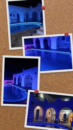 A series of photos of a building with a pool, featuring arched doorways and a blue-lit pool area. - Dar chick yahia (Djerba Ajim)