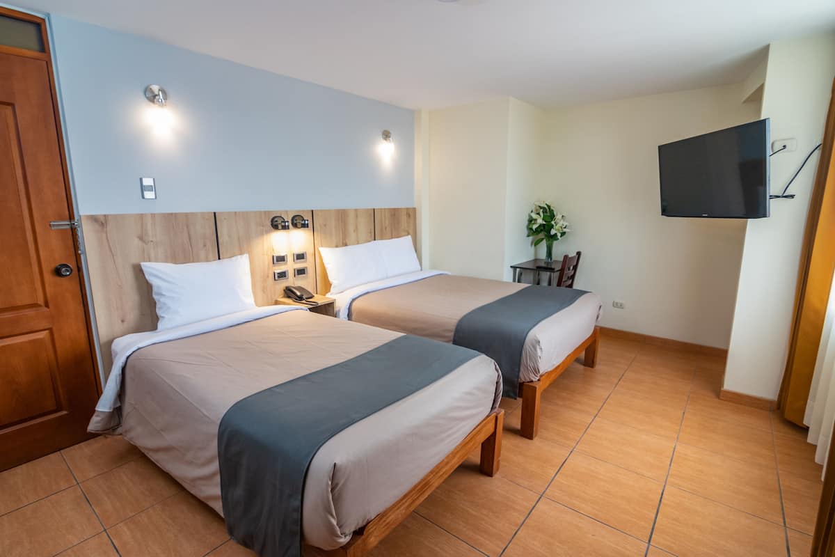 Ett hotellrum med två sängar, en sänggavel i trä, en platt-TV, ett litet bord med en växt och en dörr.