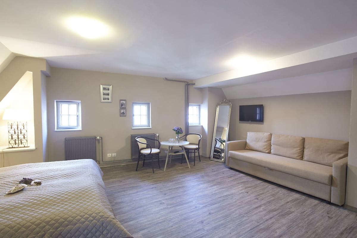 Um quarto com cama, sofá, mesa e cadeiras, espelho e televisão.