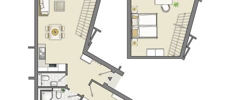 Un plan d’étage d’une chambre d’hôtel comprenant un lit, un bureau, une chaise, une petite table et une salle de bain.