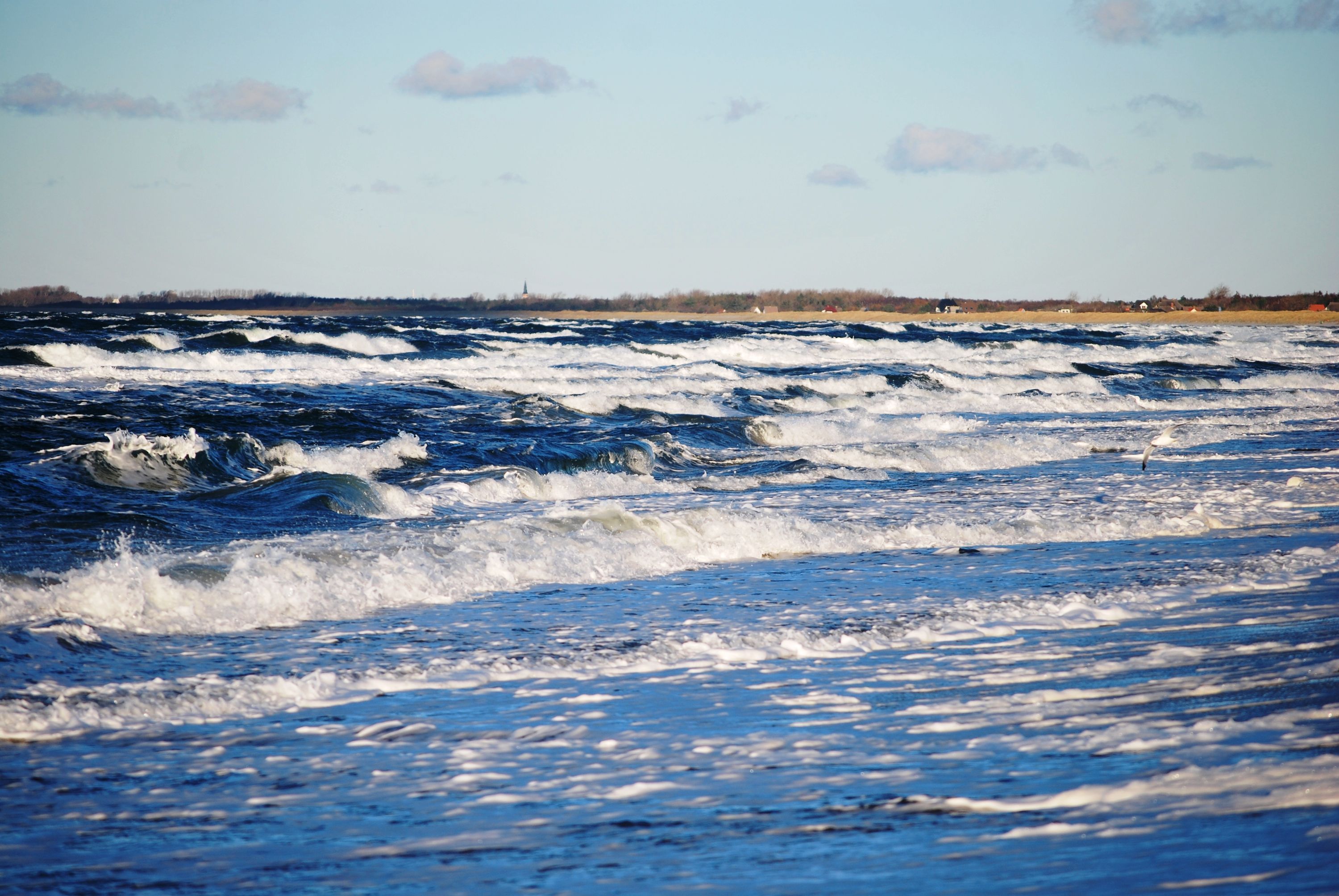 Vista de un mar agitado con olas rompiendo en la orilla.