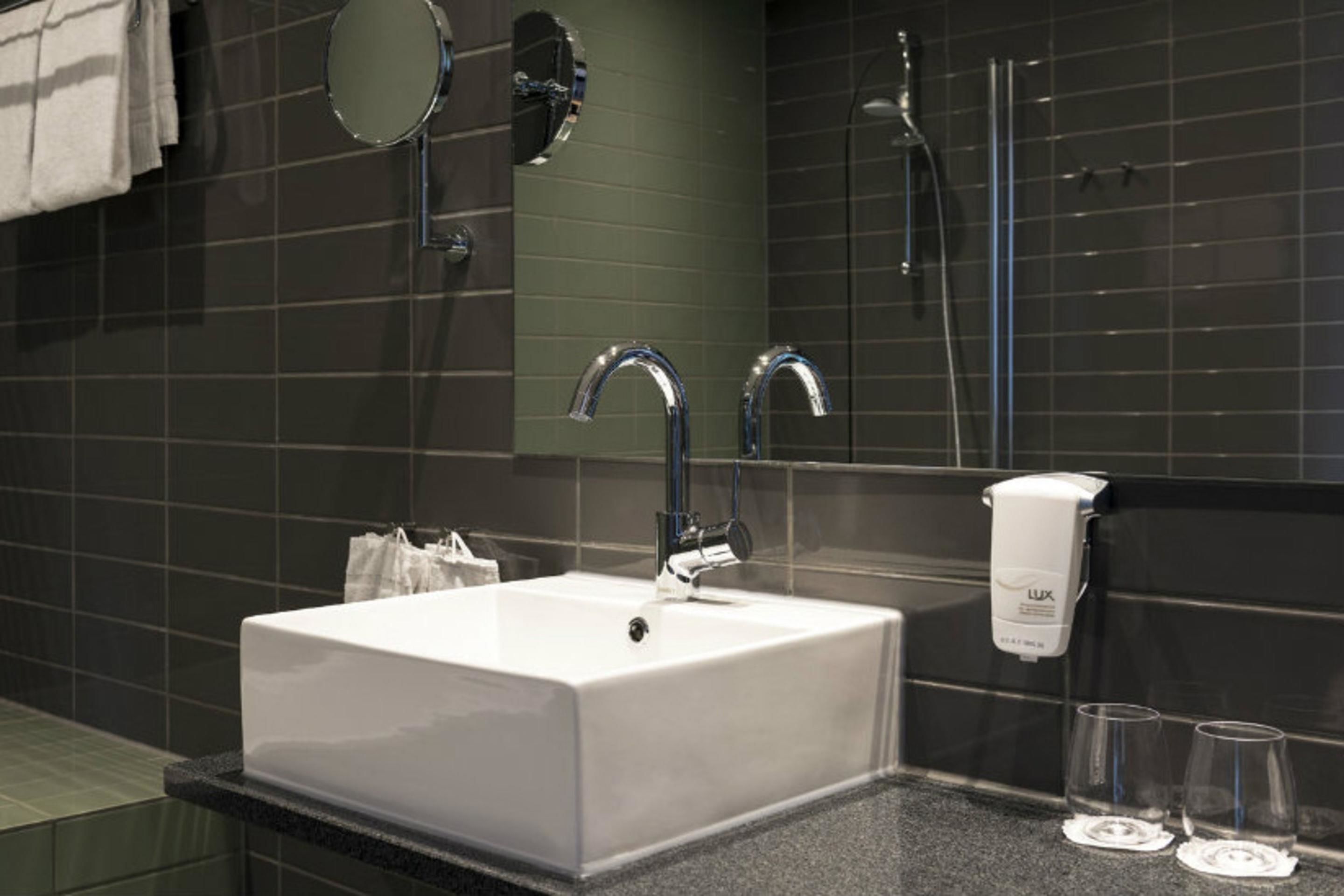 hair dryer, towels, soap, shampoo