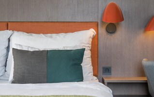 Una cama bien hecha con varios almohadones, un cabecero de madera, una mesita de noche con lámpara y un enchufe.