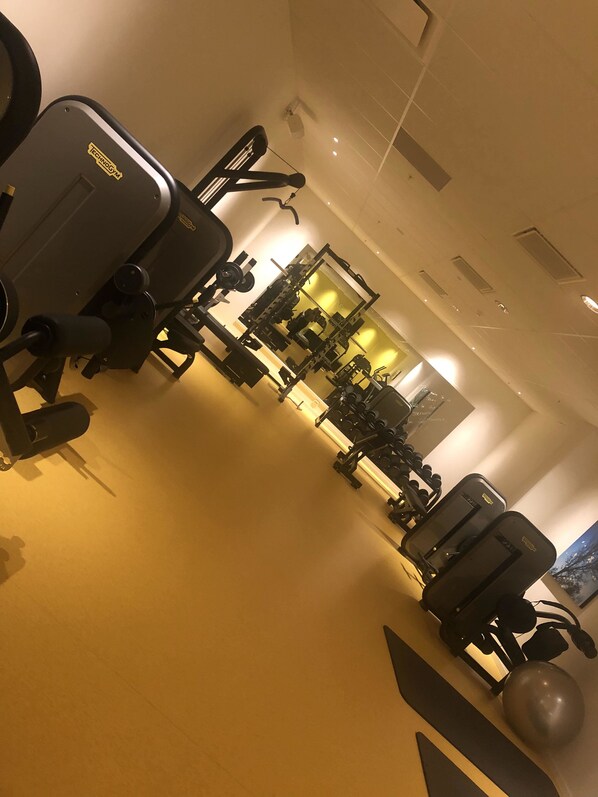 Un gimnasio con diversas máquinas de ejercicio, incluyendo una máquina Technogym, mancuernas y una pelota medicinal.
