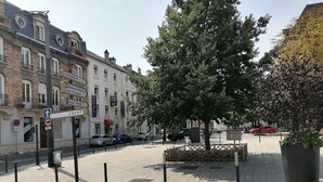 Straatbeeld met een hotel, een boom en geparkeerde auto's.