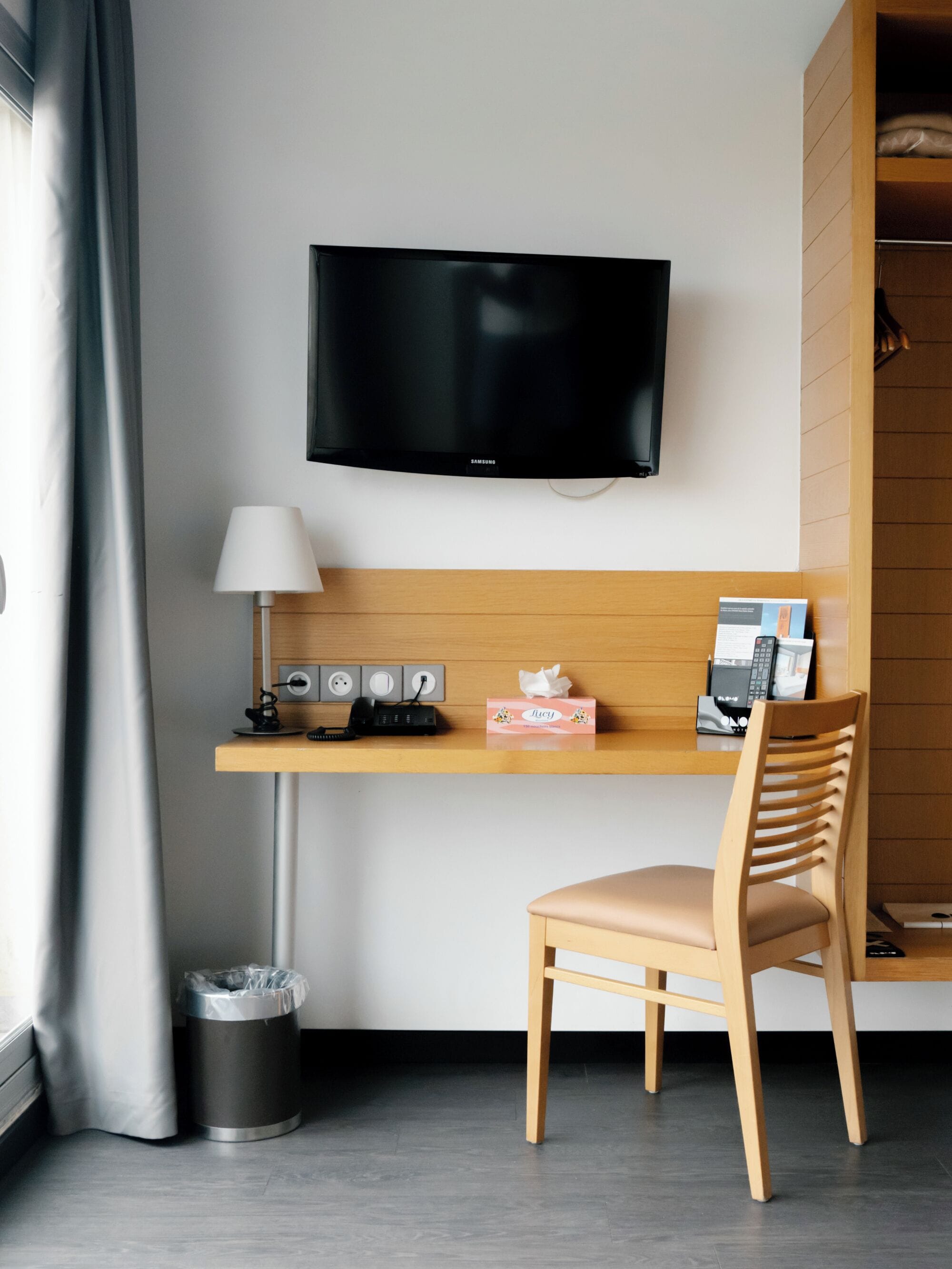 desk, blackout curtains, soundproofing, iron/ironing board