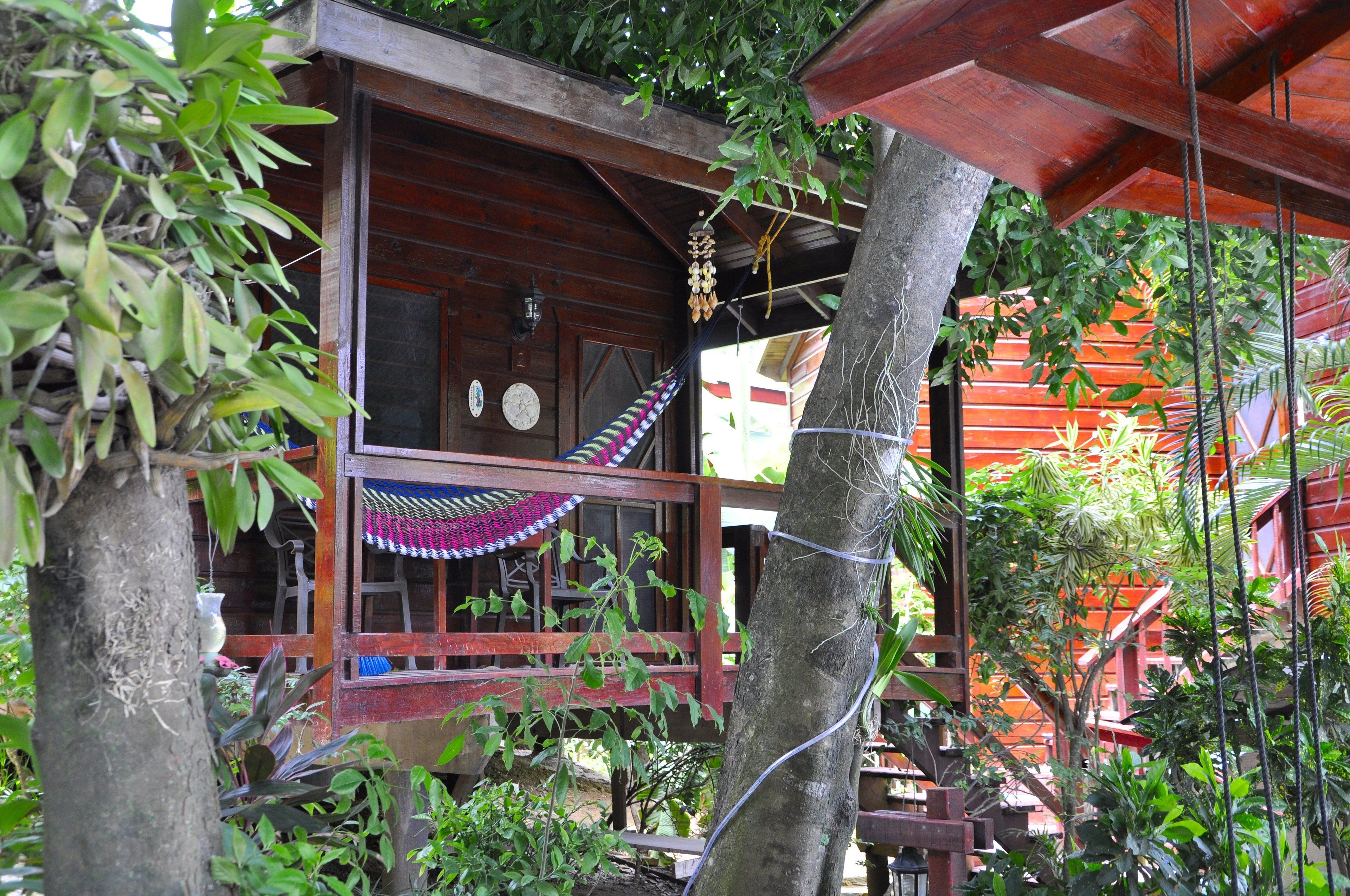 A wooden house with a porch, surrounded by lush greenery.