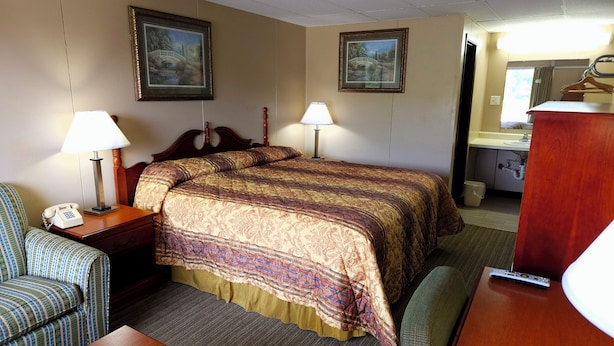 A hotel room with a bed, two bedside lamps, a telephone, a chair, a table, a sink, and a mirror. - Economy Inn (Rogersville)