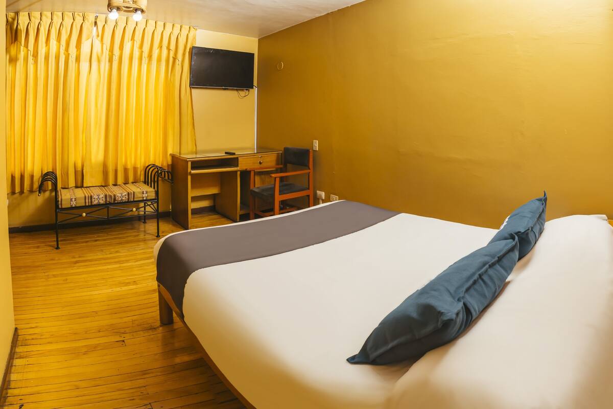 Una habitación de hotel con cama, escritorio, silla y televisión.