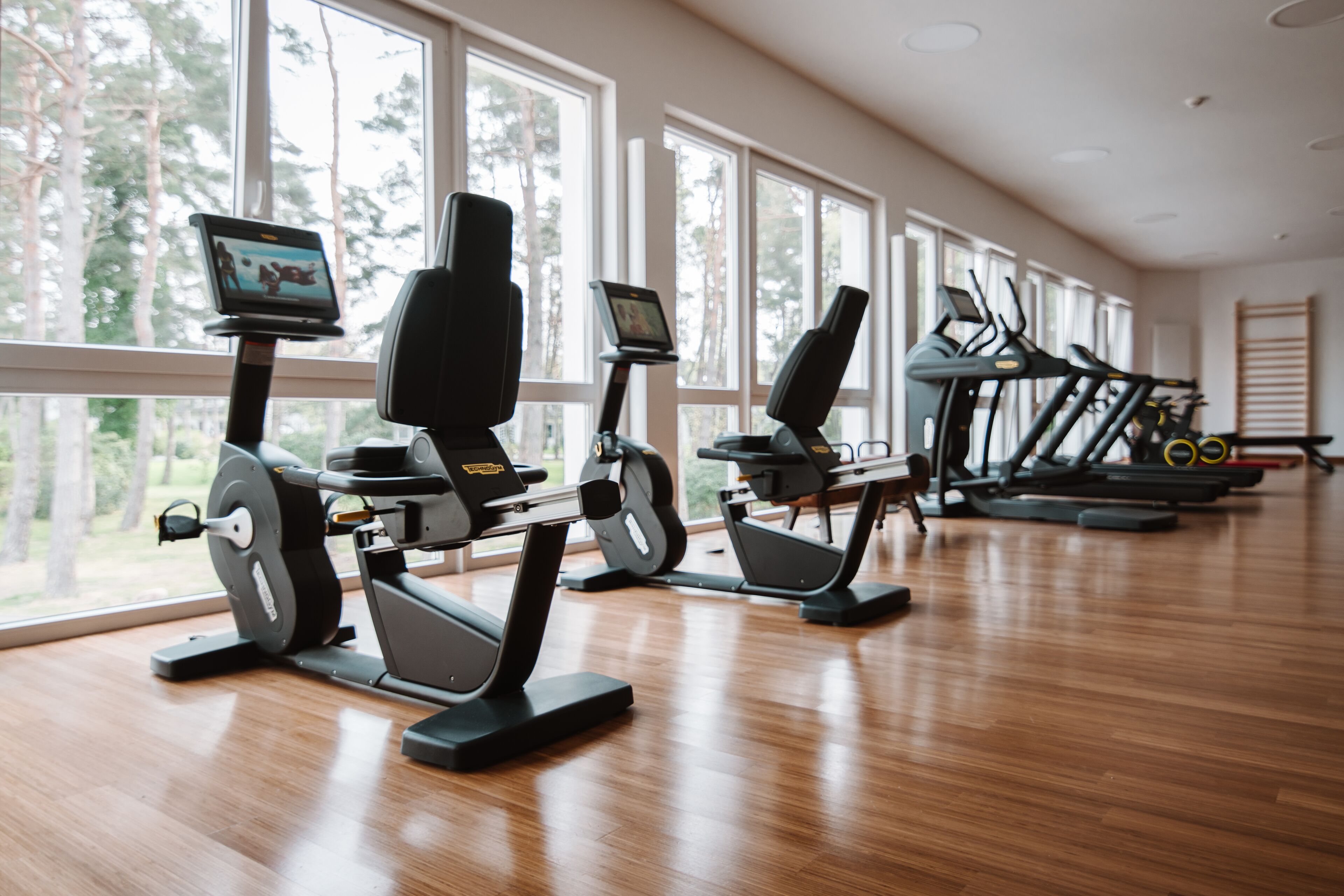 Ein Fitnessstudio mit Cardiogeräten und großen Fenstern.
